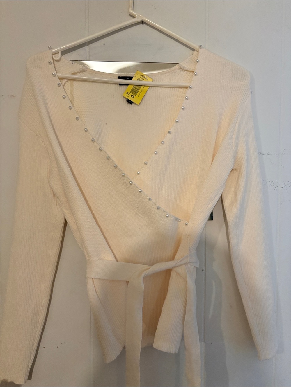Womens Cream Wrap Sweater with Pearl Trim